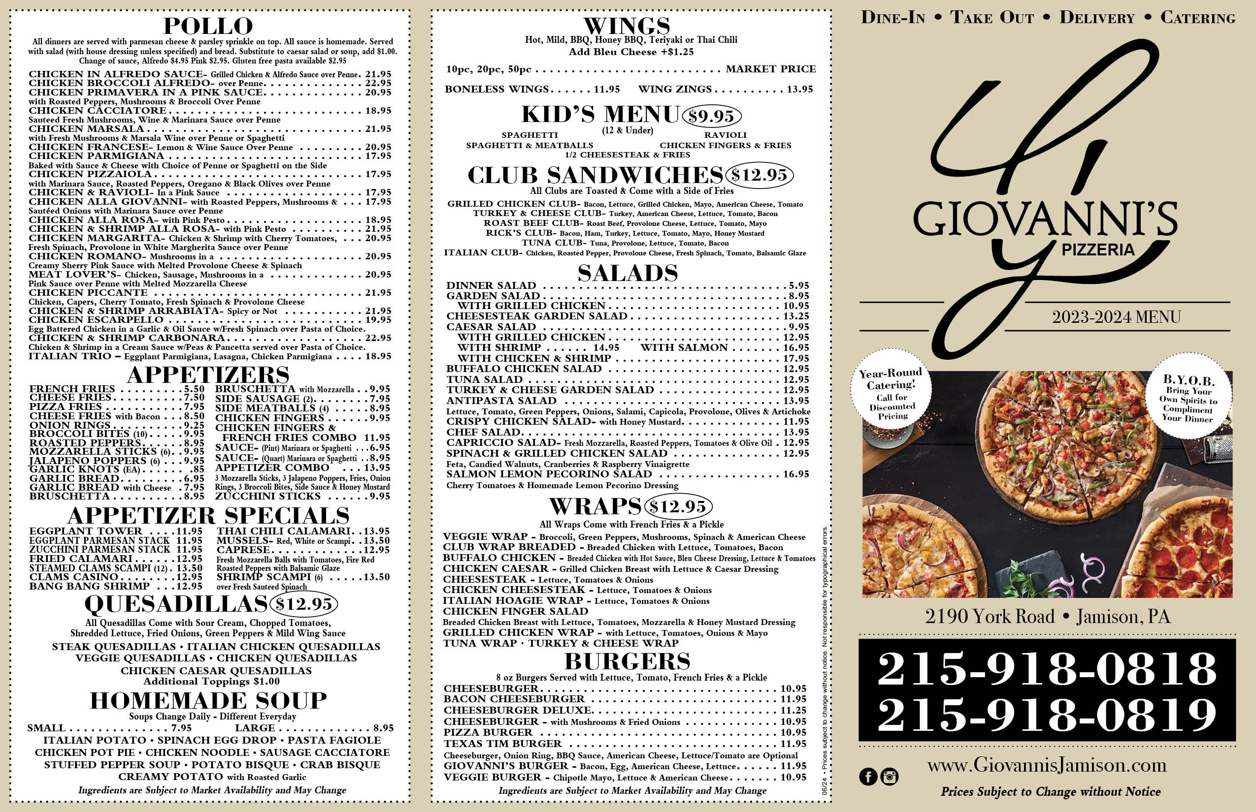 Menu for Giovanni's Pizzeria featuring sections for pollo, wings, kid's menu, club sandwiches, salads, wraps, burgers, appetizers, quesadillas, and homemade soup. Includes contact number and address.